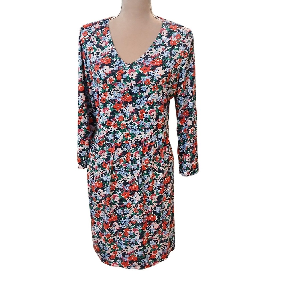 Joules Floral Print V Neck Long Sleeve Knee Length Dress Women US 12 Colorful